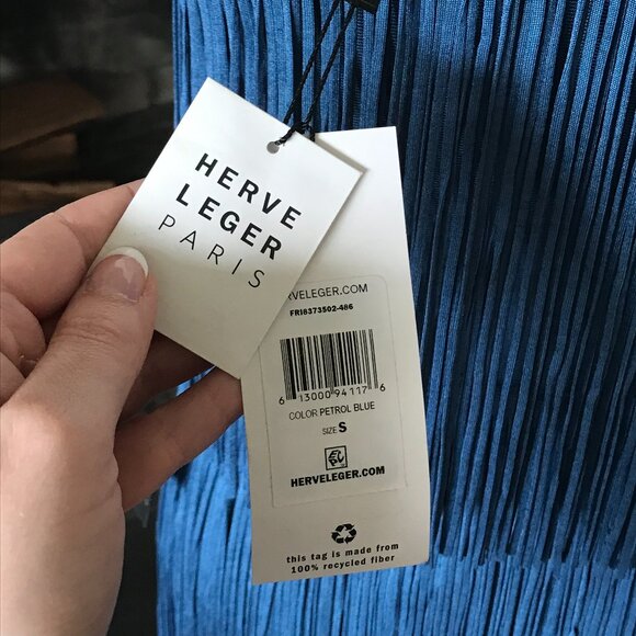 'Herve Leger Paris' One Shoulder Mini Fringe Dress in Petrol Blue - Size Small - Picture 7 of 8